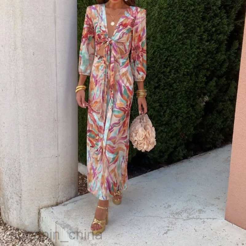 Basic Casual Dresses for Woman Summer Women's Printed Elegant and Fashionable V-neck Bubble Long sleeved Open Navel One Step Dress