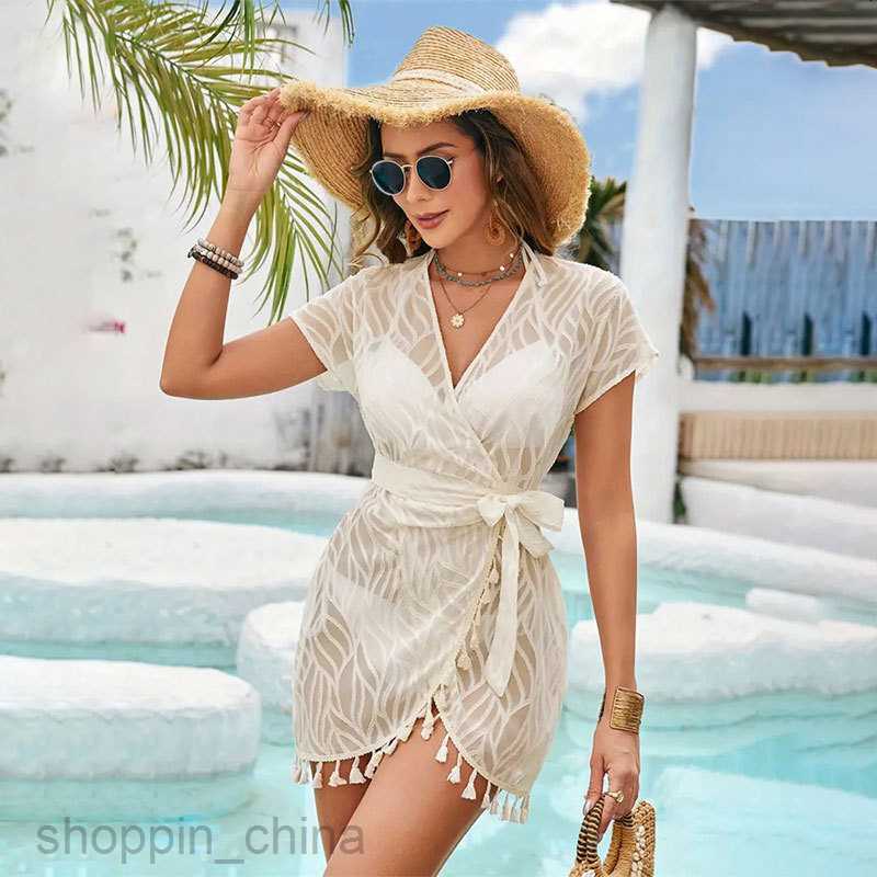 Basic Casual Dresses for Woman Perspective chiffon jacquard sun protection shirt short sleeved dress beach cross tie tassel skirt women's clothin