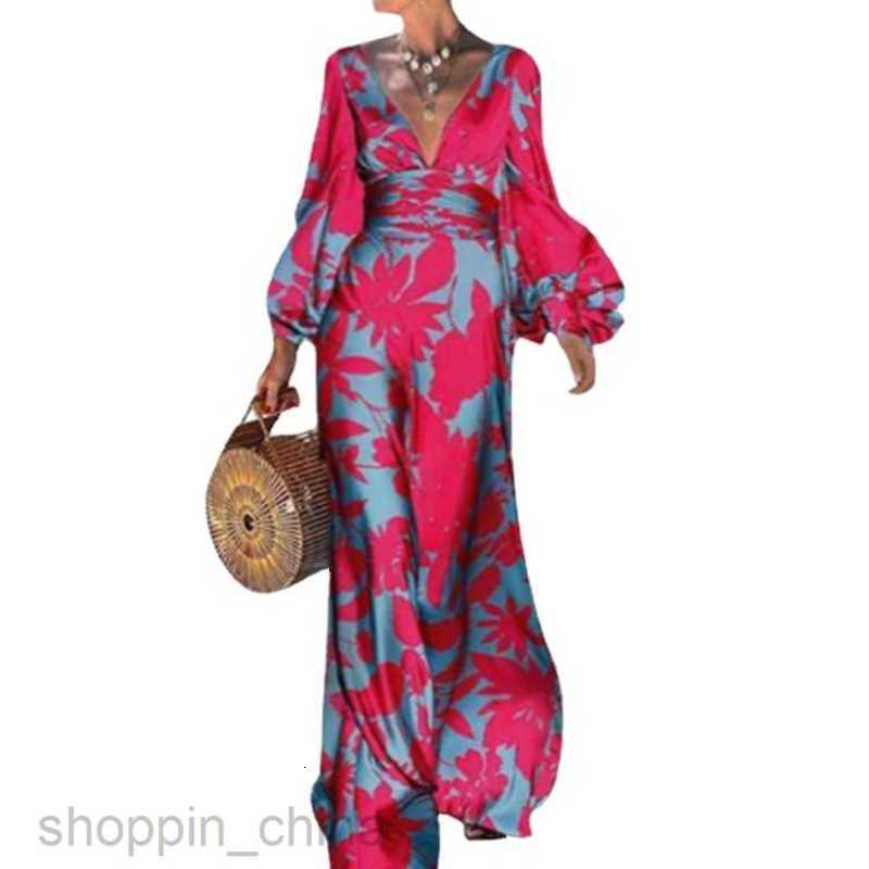 Basic Casual Dresses for Woman Summer High Waist Elegance Commuting Long Dress Printed Lantern Sleeves V-neck Dress