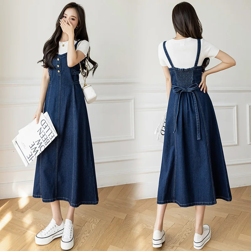 S-5XL Women Denim Strap Dress High Waist Sleeveless A-Line Jean Maxi Dresses Spring Summer Lace Up Solid Color Dress 240701