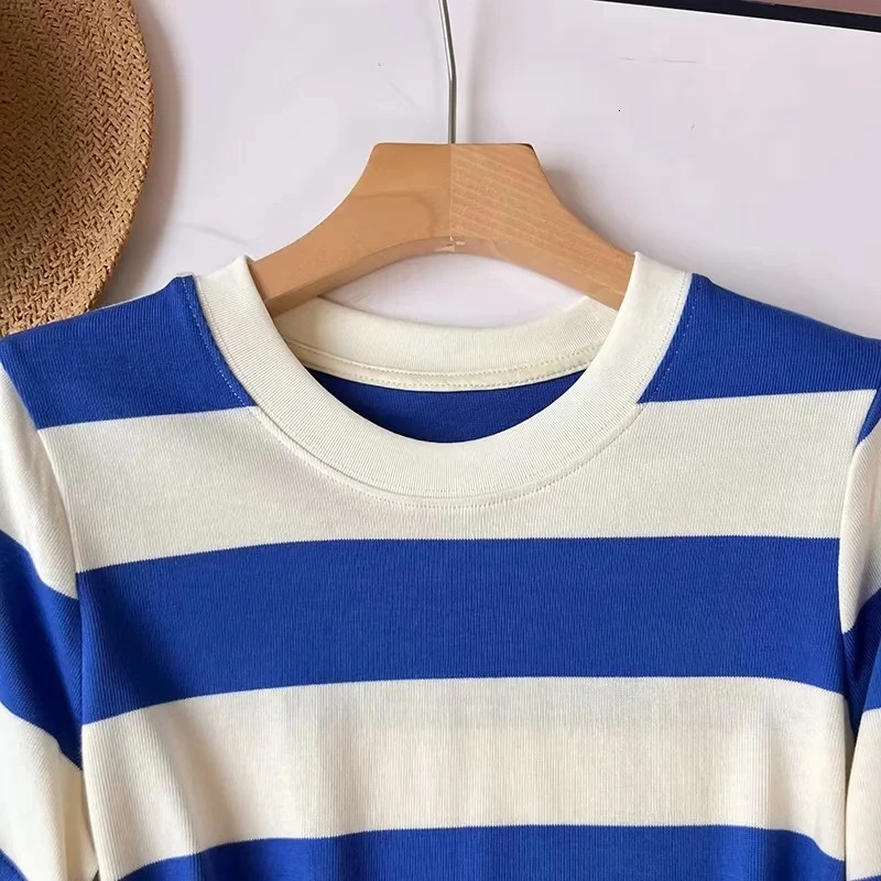 Cos Lris Womens Summer Casual Commuting Standard Fit Wide Striped Round Neck T-Shirt Top 0960679078 240701