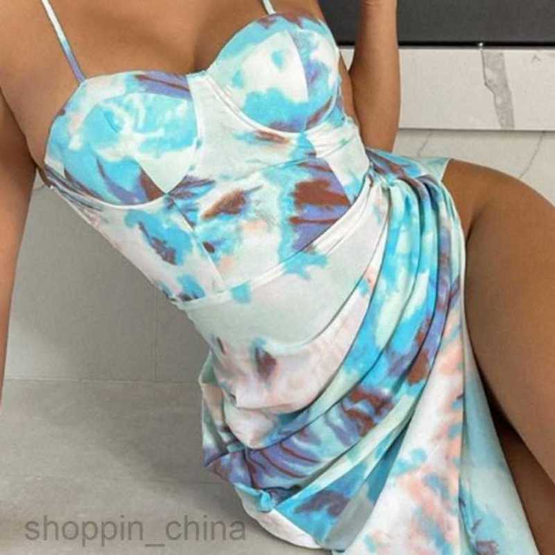 Basic Casual Dresses for Woman Summer Women's Wear New Fresh Print Hanging Strap High Waist Sexy Dress