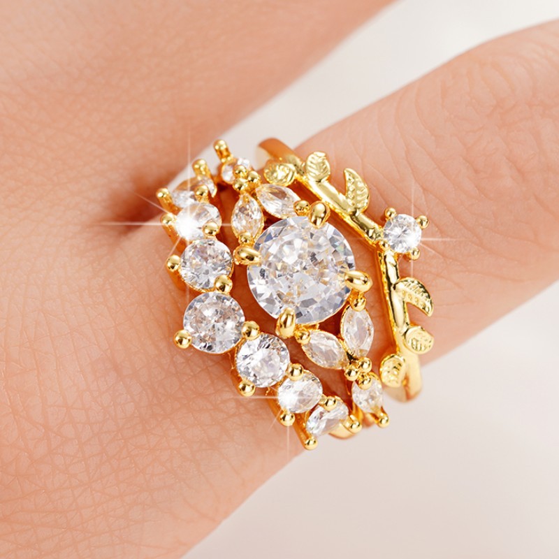 2024 Palace Retro Sterg Sier Engagement Rings Gold Plated 3 IN 1 Round Cut 5A Cubic Zirconia Wedding Jewelry Band Ring For Women Lover Gift