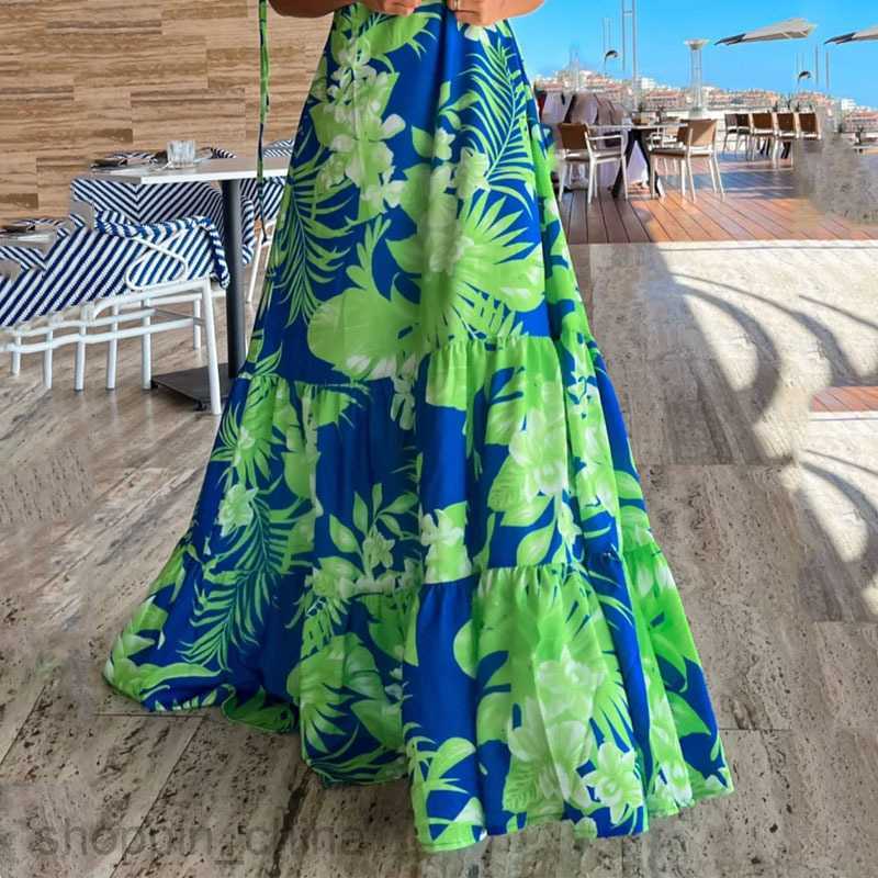 Basic Casual Dresses Women Summer New Fashion Print V-neck Sling Beach Long Sling Dress