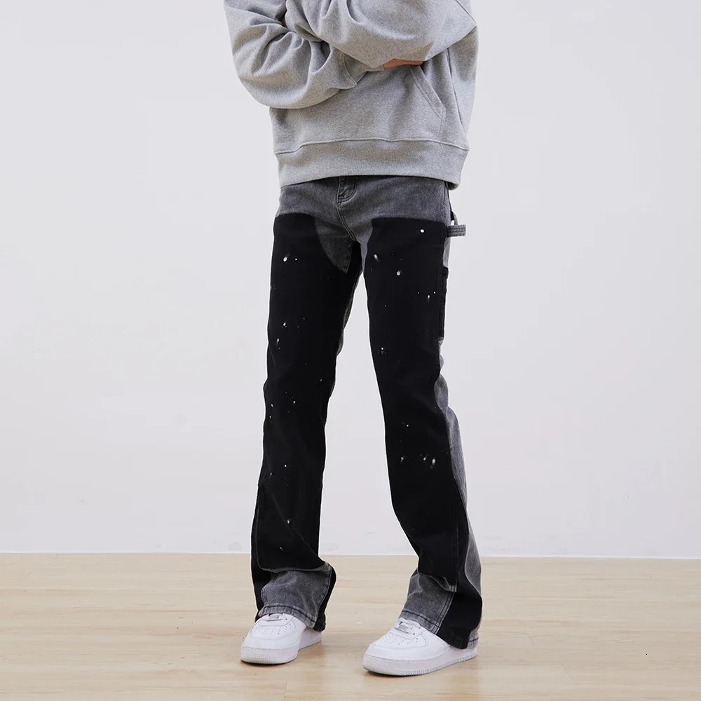 Streetwear Cleanfit Double Knee Graffiti Baggy Pants Jeans Y2k Vintage Flare Denim Men Patchwork Patches for Women Clothes 240626