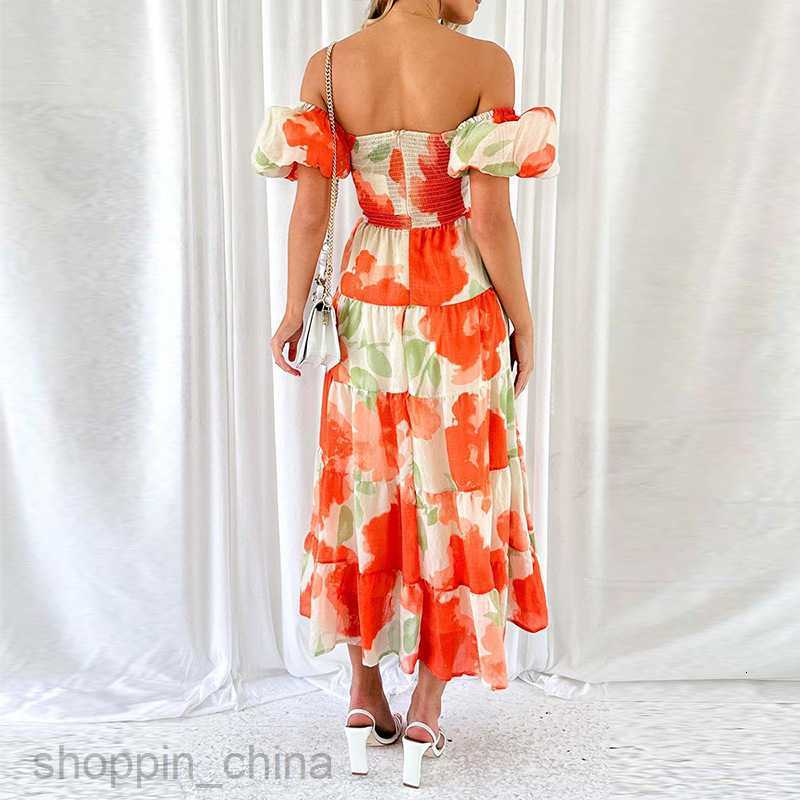 Basic Casual Dresses for Woman Summer New Women's Sweet and Elegant Flower Hollow Shoulder Printed Dress