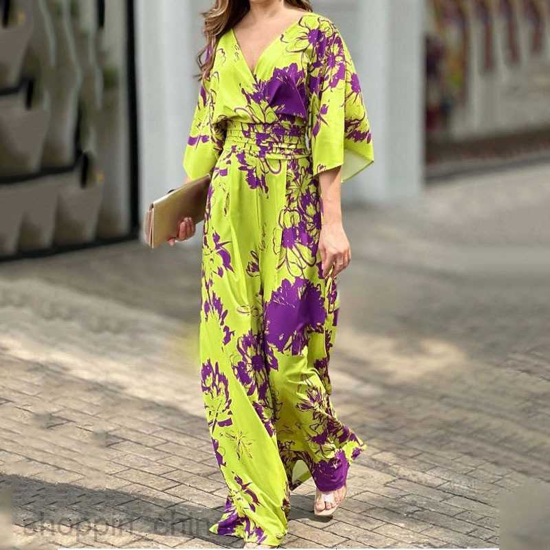 Basic Casual Dresses for Woman Summer New Women's Wear Fashionable and Elegant Printed Bat Sleeves Waist Wrapped V-Neck jumpsuit