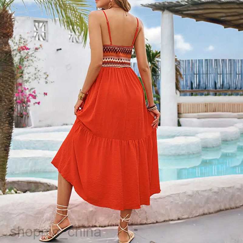 Basic Casual Dresses for Woman Elastic mid length skirt with suspender, elastic waist pleated patchwork sleeveless dress, spring/summer women's d