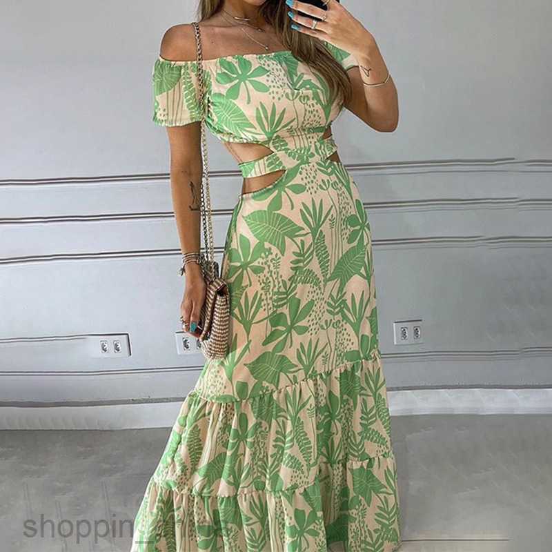 Basic Casual Dresses for Woman Summer Women's New Fashion Printed Style One Shoulder High Waist Hollow Ruffle Edge Dress for Women