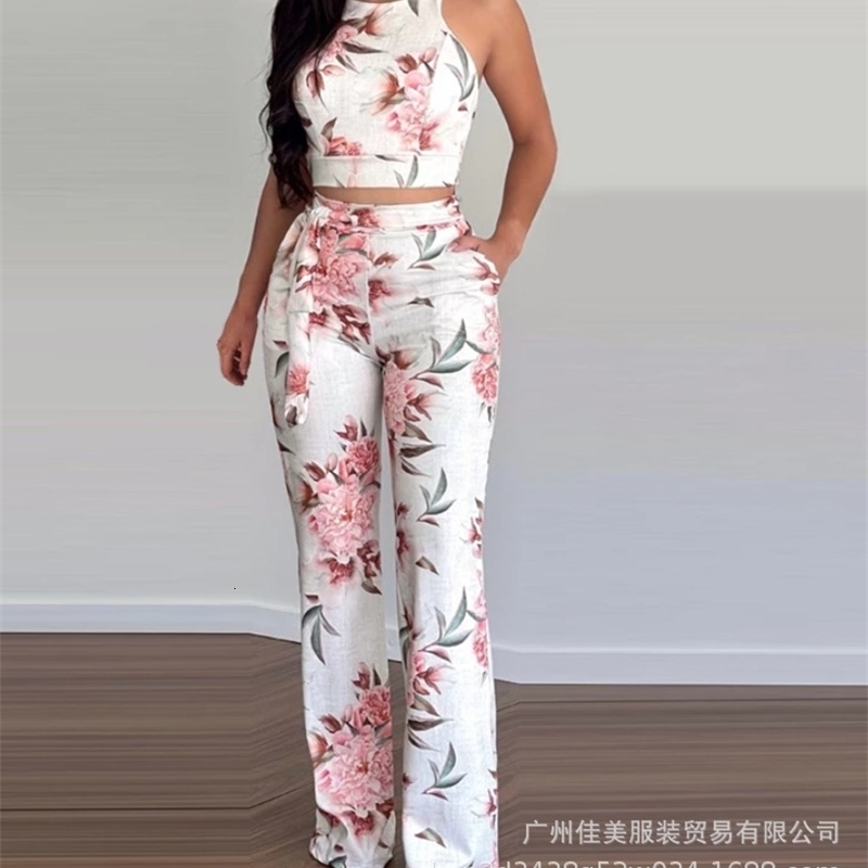 European and American womens full-frame floral tight-fitting sling top suit trousers woman cloth female two pieces set pants 240530
