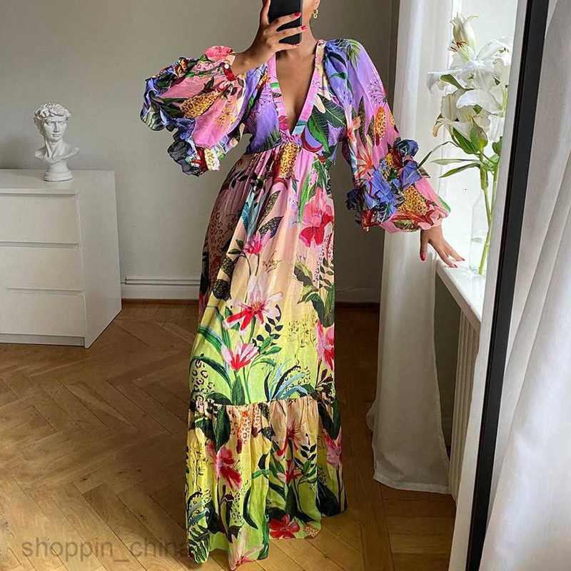 Basic Casual Dresses Women Summer New Printed Gradient Ruffle Edge V-Neck Sexy and Slim Dress