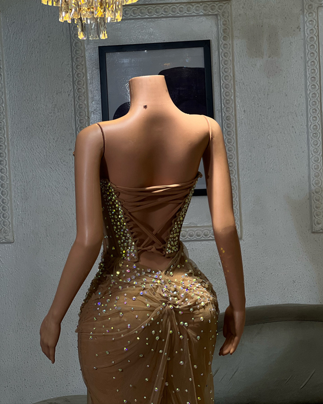 2024 Aso Ebi Champagne Prom Dresses for Black Women Mermaid Promdress Illusion Evening Dresses Elegant Rhinestones Decorated Tulle Gala Engagement Gow