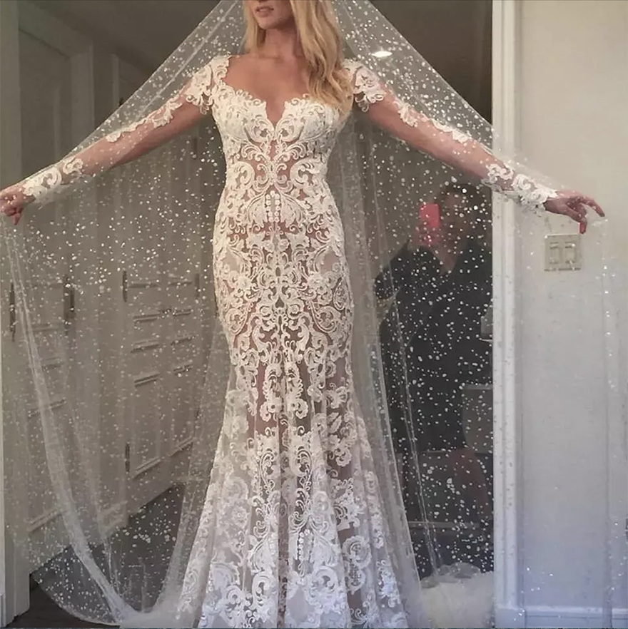 long sleeves mermaid lace illusion berta wedding dresses sheer neck bridal dresses sexy vintage wedding gowns
