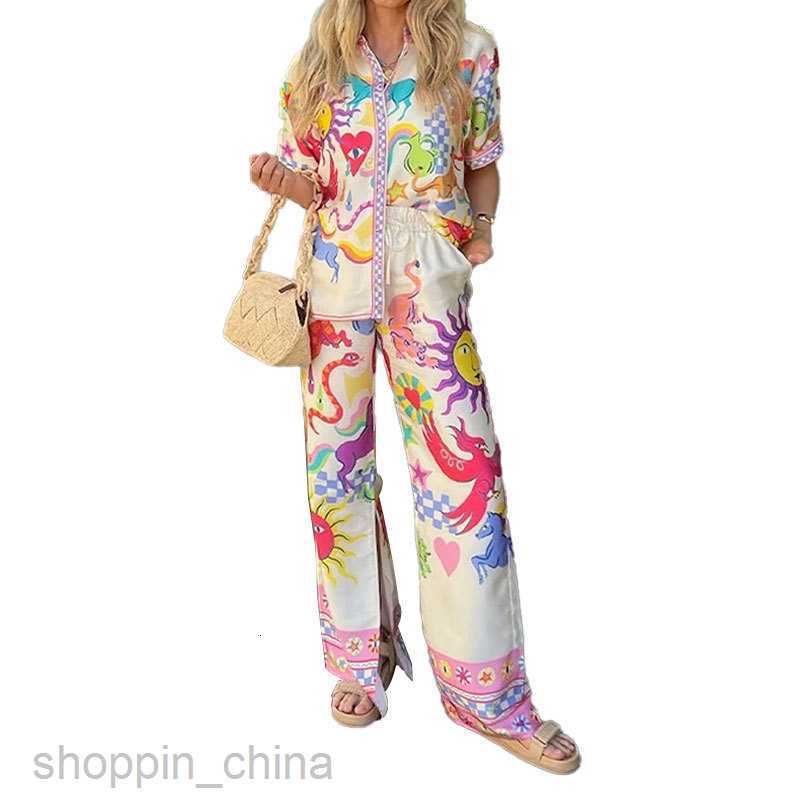 Women's Two Piece Sets Pants Summer New Women's Fashion Elegant and Fashionable Printed Flip Collar Shirt Casual Set