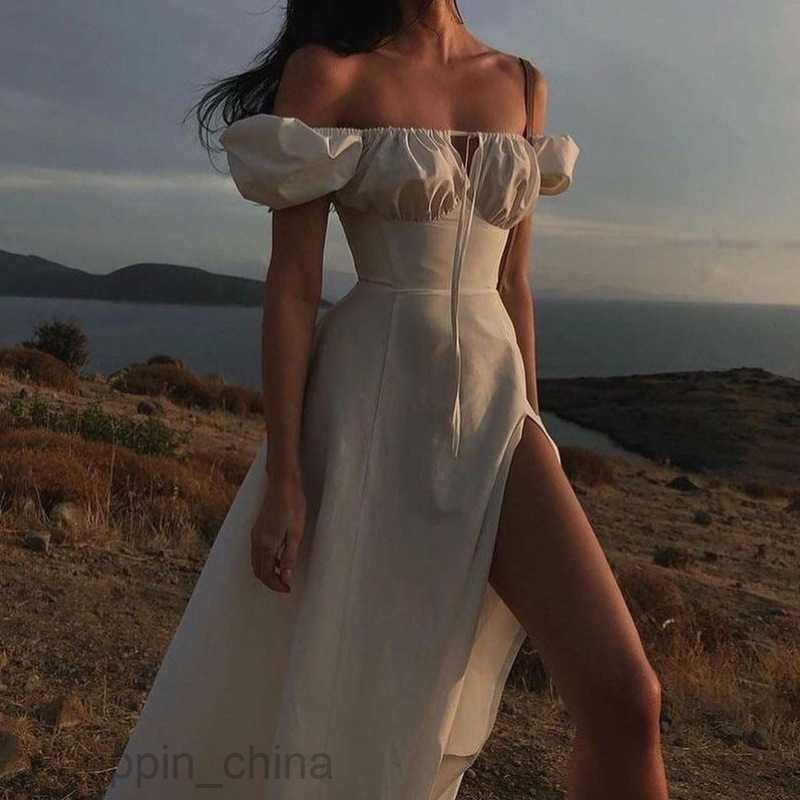 Basic Casual Dresses for Woman Summer Long Dress Women's Bubble Sleeves Lace up Slim Fit Dress