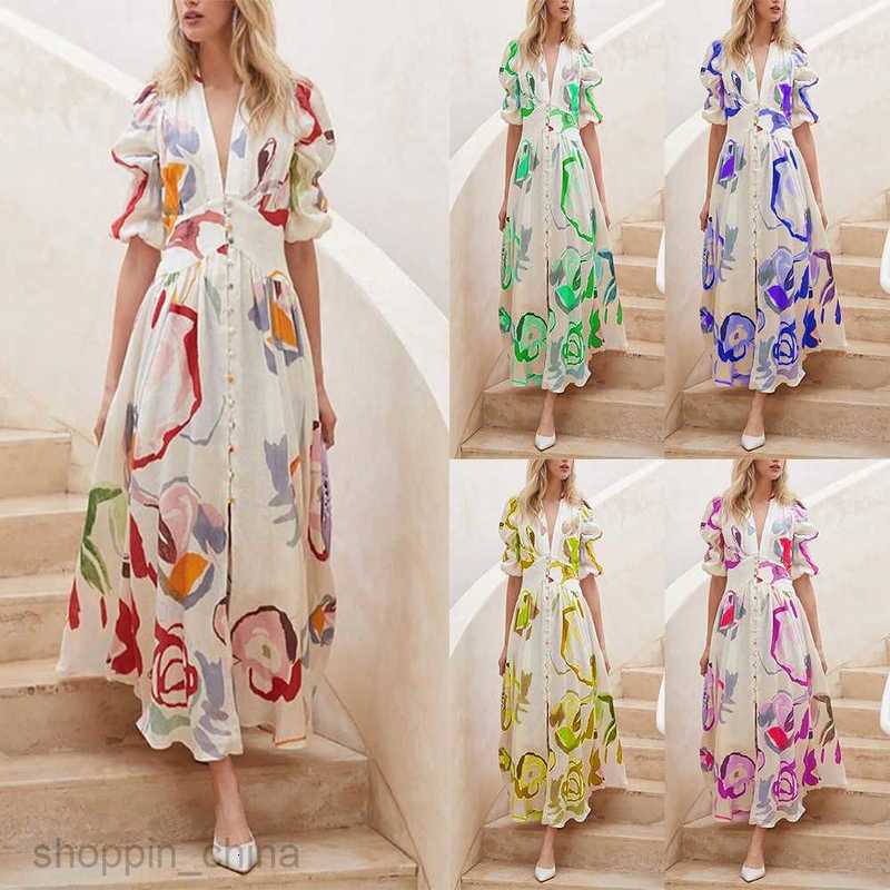 Casual Dresses for Woman Spring New Women's Beach Dress Slim fit Big hem Four sided Spring Print Long Dress