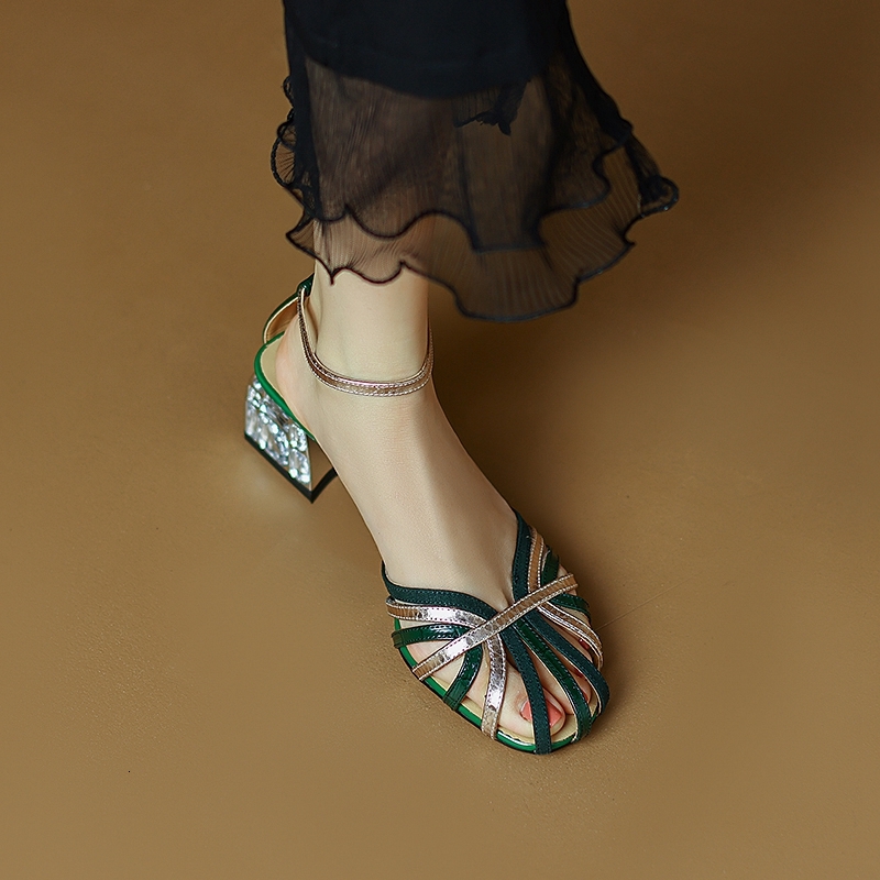 Women's New Spring/Summer Colored Baotou Vintage Genuine Leather Cowhide With Diamond High Heel Sandals