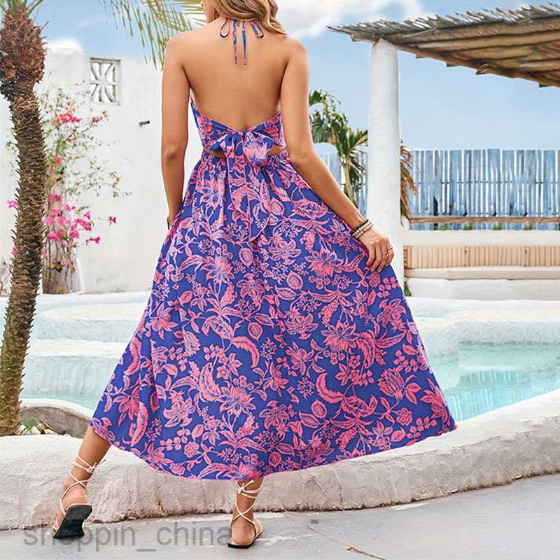 Basic Casual Dresses for Woman Women's printed suspender with open back and elastic waist strap, sleeveless long hanging neck dress skirt