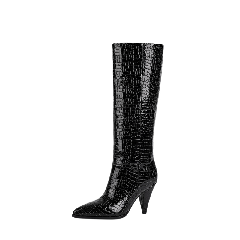 Women's New Sexy European And American Pointed Snake Patterned Plaid Heel Large Knee High Western Boots