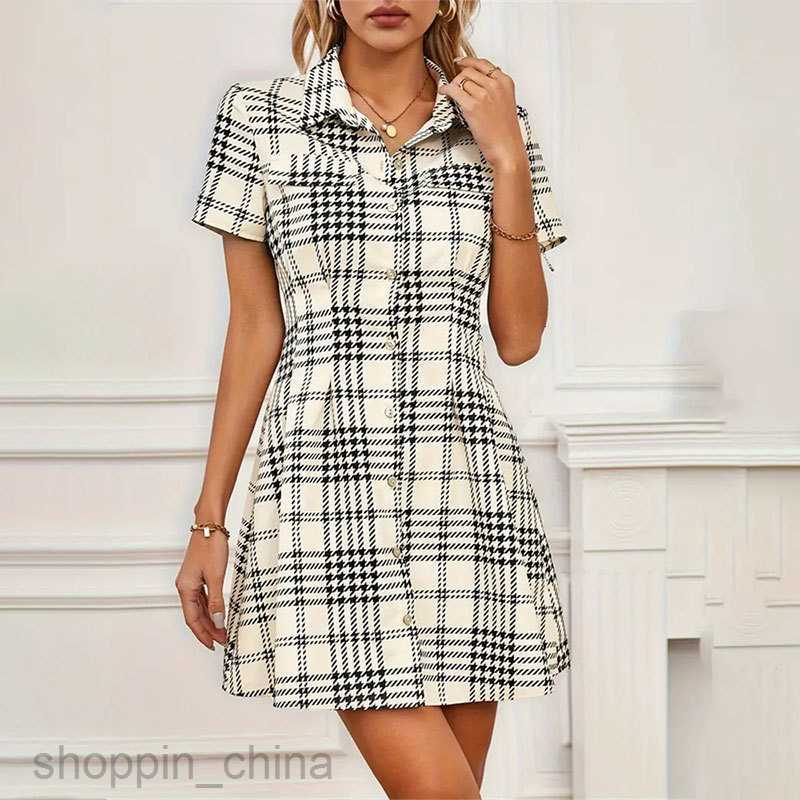Basic Casual Dresses for Woman Printed shirt skirt, short sleeved waistband, thousand bird plaid short skirt dress, spring/summer women's feeling