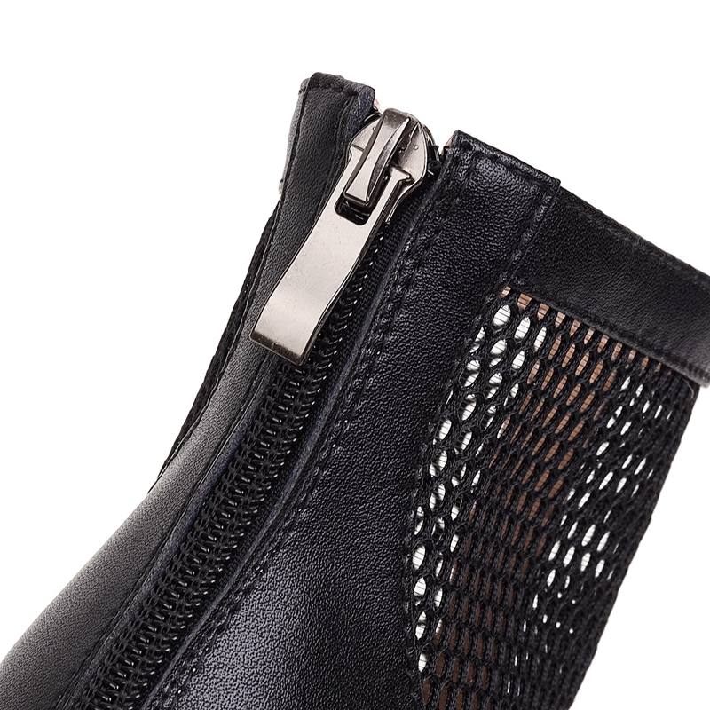 Women's New Square Head Genuine Leather Cowhide Thick Bottom Hollowed Out Breathable High Heel Large Mesh Short Cool Boots