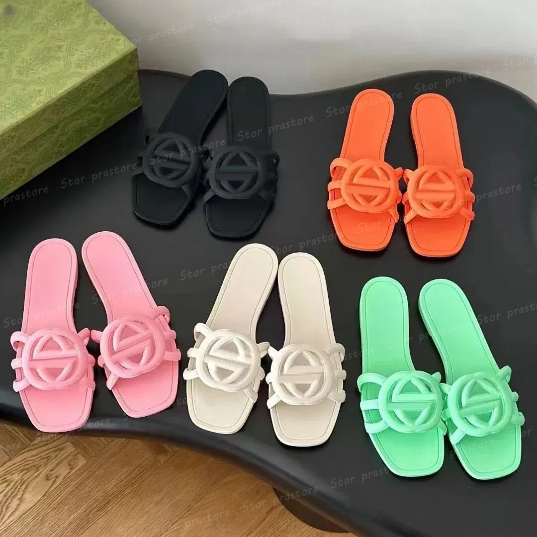 Designer Sandals Women Interlocking Slides Rubber Slippers Ladies Flat Beach Jelly Orange Summer Fall Mules Outdoor Waterproof