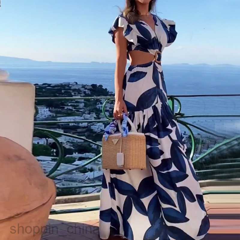 Basic Casual Dresses Women Women's Summer New Trendy Print Collar Bubble Sleeves Long Sexy waist Dress