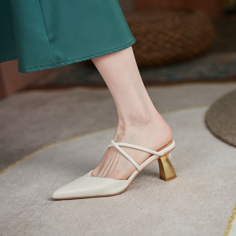 Women's New Spring/Summer Pointed Pearl Genuine Leather Cowhide Cross High Heel Baotou Muller Slippers