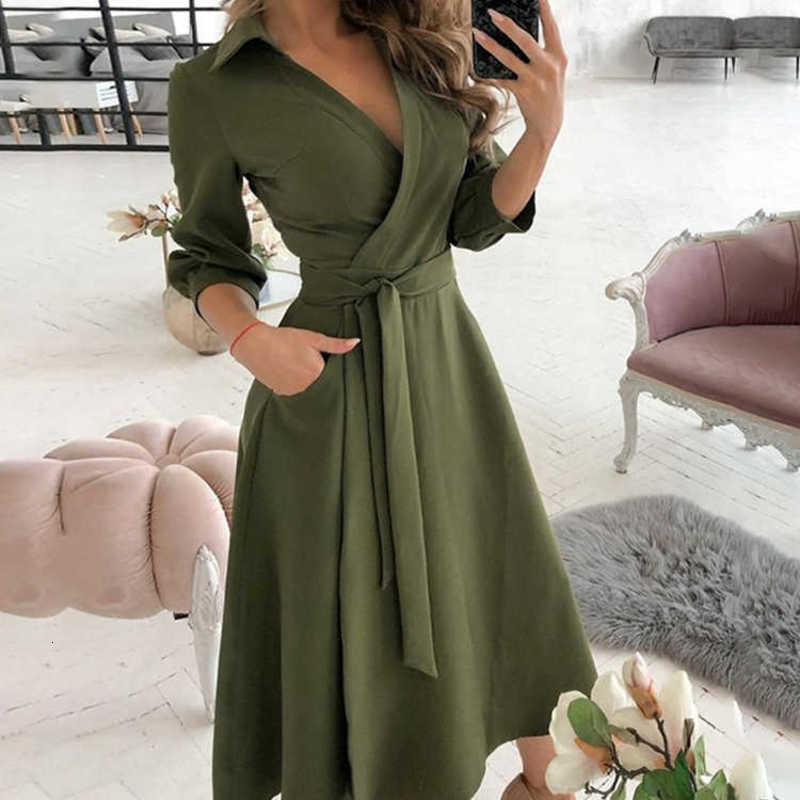 Basic Casual Dresses Woman Summer New Fashion Print Long Sleeved V-Neck Wrapped Hip Style Commuter Dress For Women