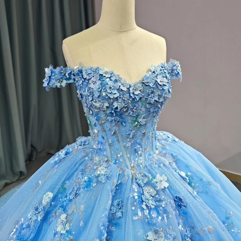 Luxury Sky Blue Off The Shoulder Quinceanera Dresses Beads Appliques Handmade Flowers Beads Princess Ball Gowns Sweet 15 Party