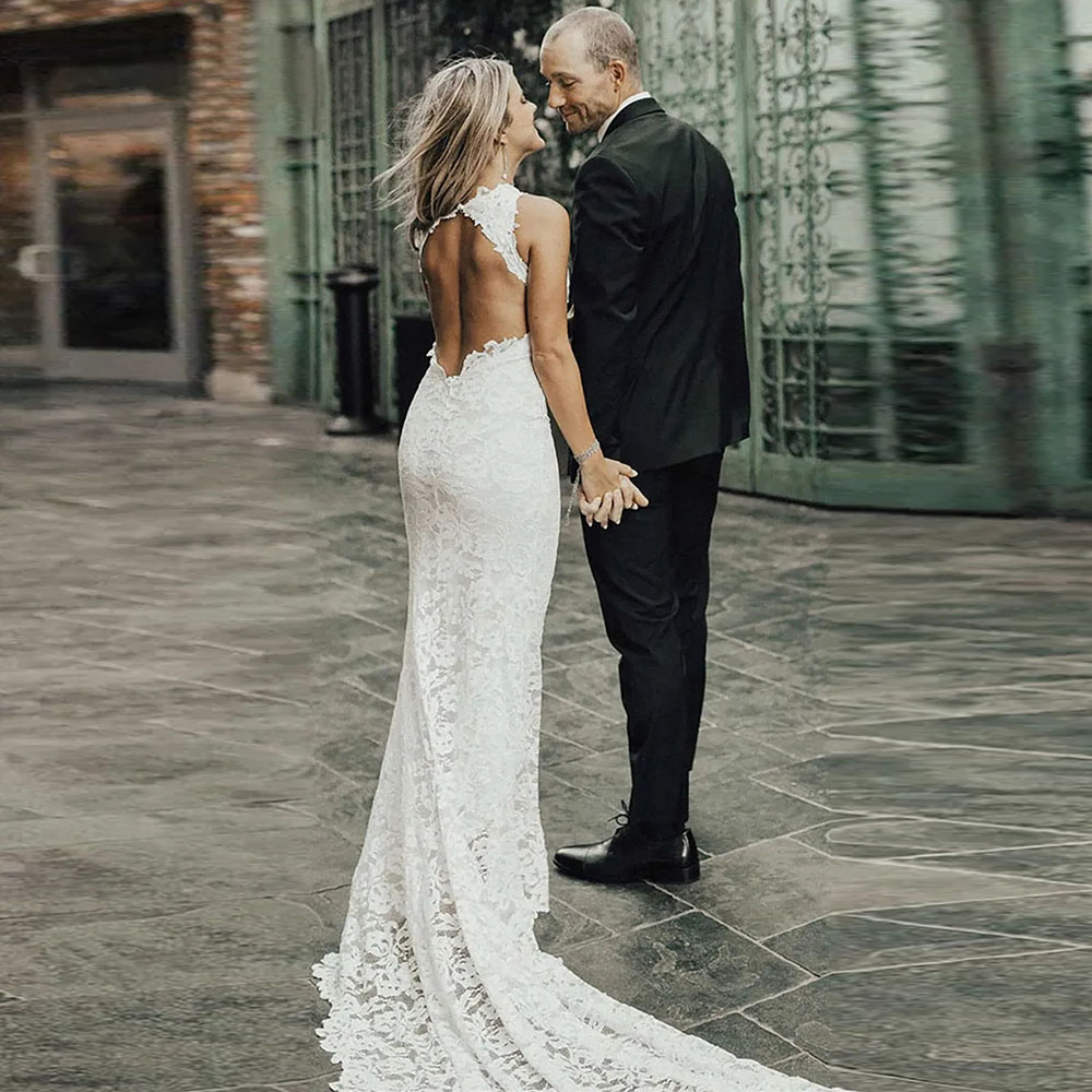 Boho Wedding Dresses Mermaid 2024 Slit Backless Lace Bohemian Bride Gowns Marriage Dresses Beach Vestidos De Novia