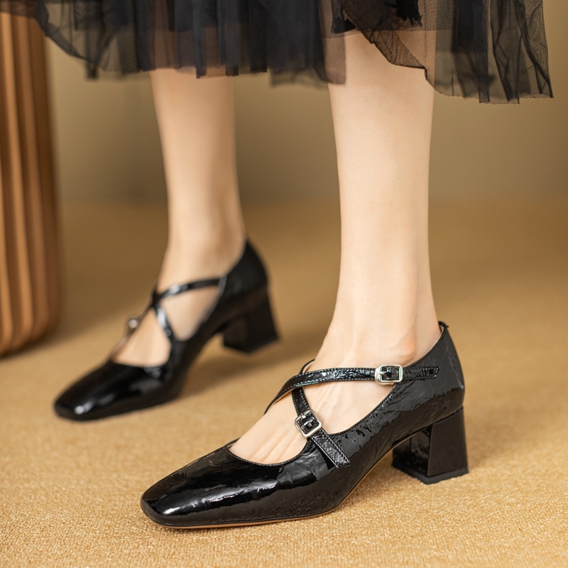 Women's New Spring And Autumn Square Head Leather Cowhide Cross Strap High Heel Mary Jane Work Sheet Shoes