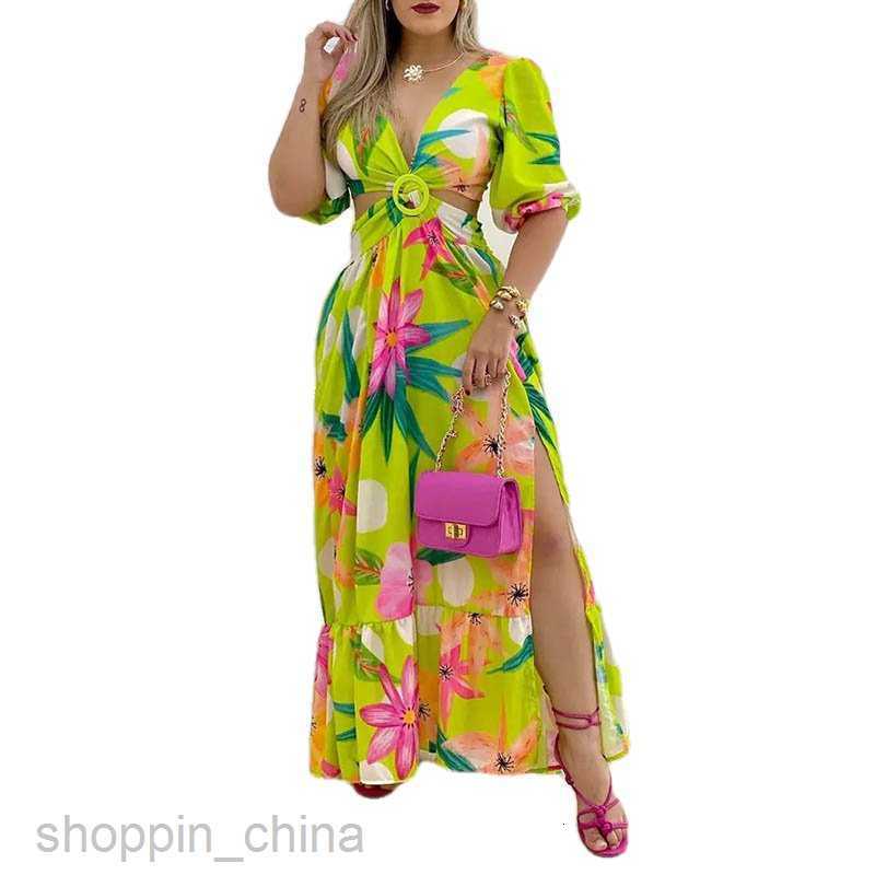 Basic Casual Dresses for Woman Women's Summer Fashion Personality Deep V Print Split Open Back Dress