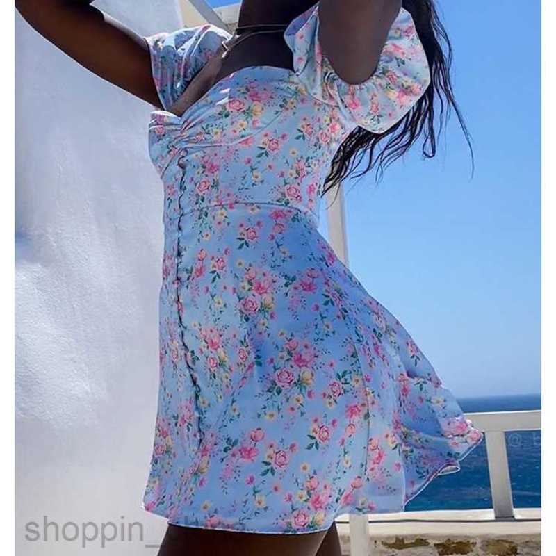 Basic Casual Dresses for Woman Women's sexy V-neck bubble sleeve short floral dress
