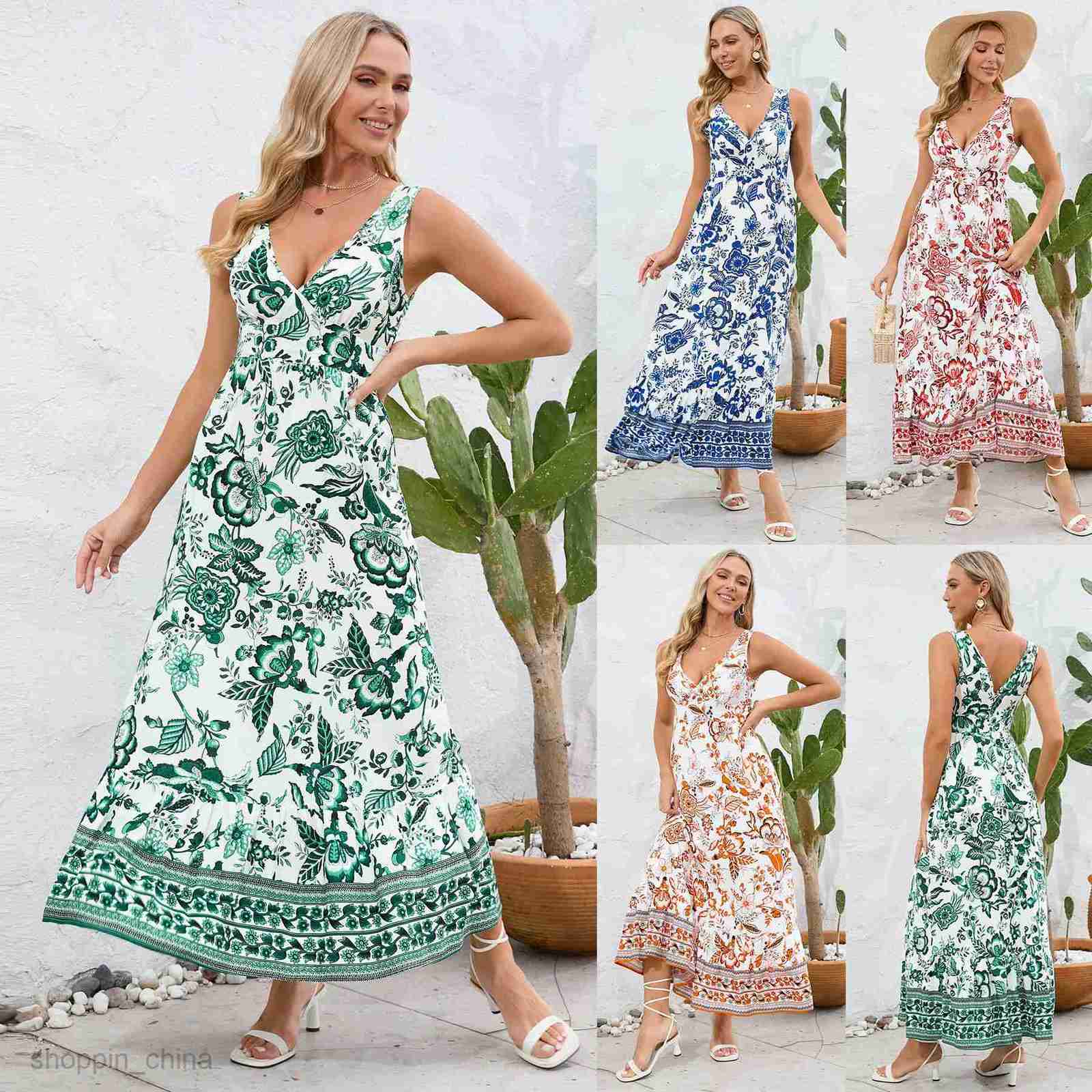 Basic Casual Dresses Women Sexy V-neck slim fit temperament dress, summer women's floral dress, printed long skirt