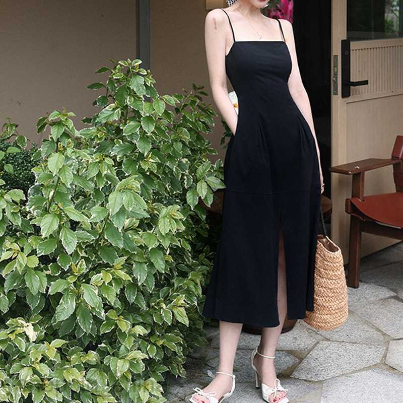 Basic Casual Dresses Women Hepburn style camisole dress for women summer style, mature style, waist up, slit, large hem A-line skirt