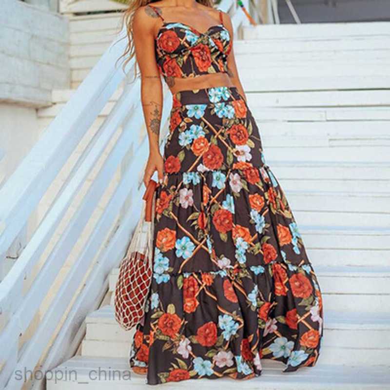 Basic Casual Dresses Women New Spring/Summer Women's Fashion Elegance Sexy Sling Sleeveless Set Printed Backless Beach Skirt