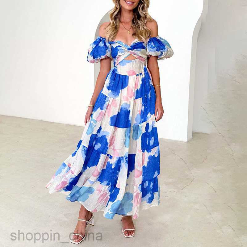 Basic Casual Dresses for Woman Summer New Women's Sweet and Elegant Flower Hollow Shoulder Printed Dress