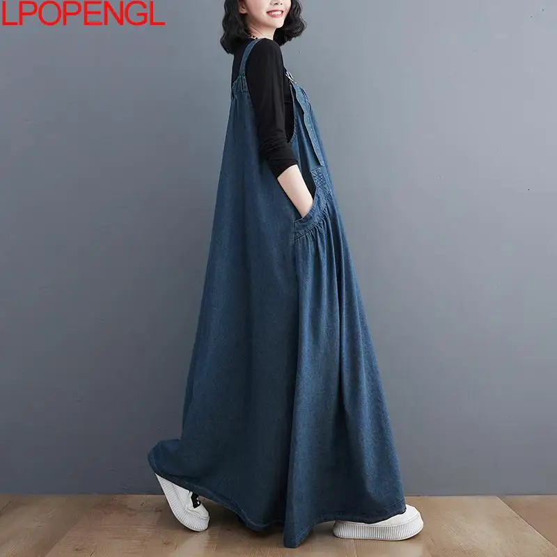 Woman Spring Autumn Denim Spaghetti Strap Sleeveless Temperament Dress Female Oversized Ankle-length Straight Pullover Dress 240701