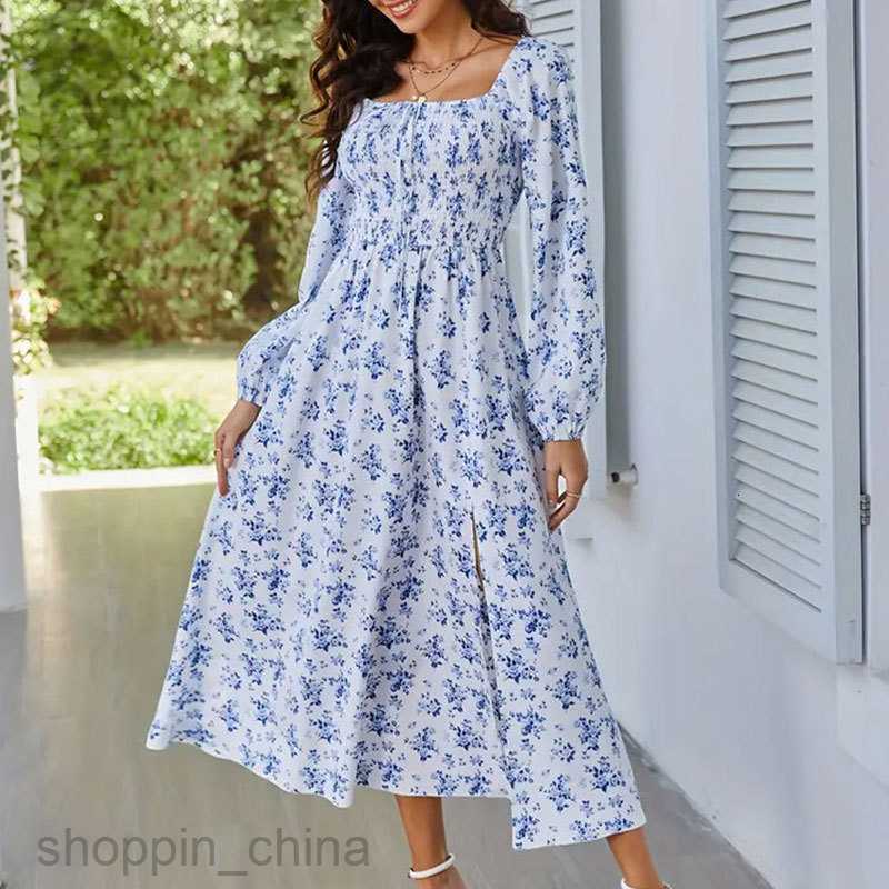 Basic Casual Dresses for Woman Spring/Summer New Romantic and Elegant Women's Dress Square Neck Tie Long Sleeve Split Flower Dress Long Dress