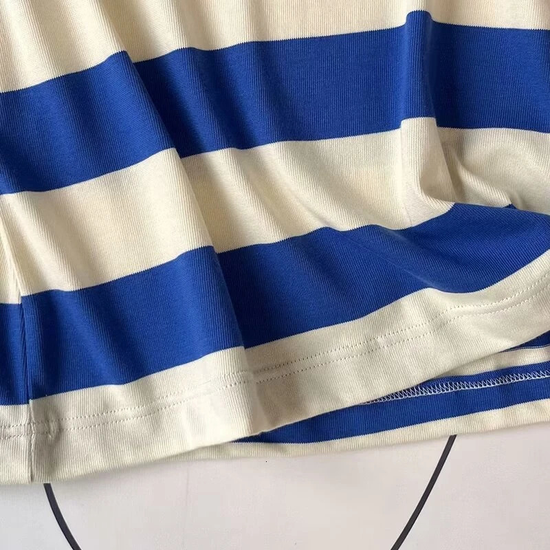 Cos Lris Womens Summer Casual Commuting Standard Fit Wide Striped Round Neck T-Shirt Top 0960679078 240701