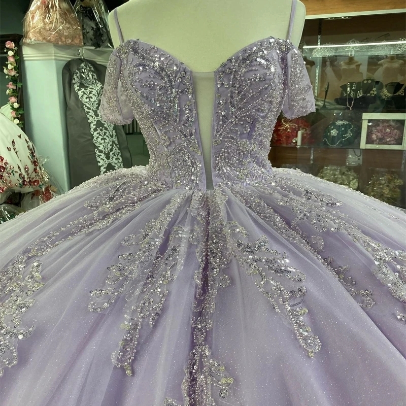 Lilac Quinceanera Dresses Ball Gown Birthday Party Dress Lace Up Graduation Gown Sweetheart Beads Crystal Tull Swet 16 vestidos
