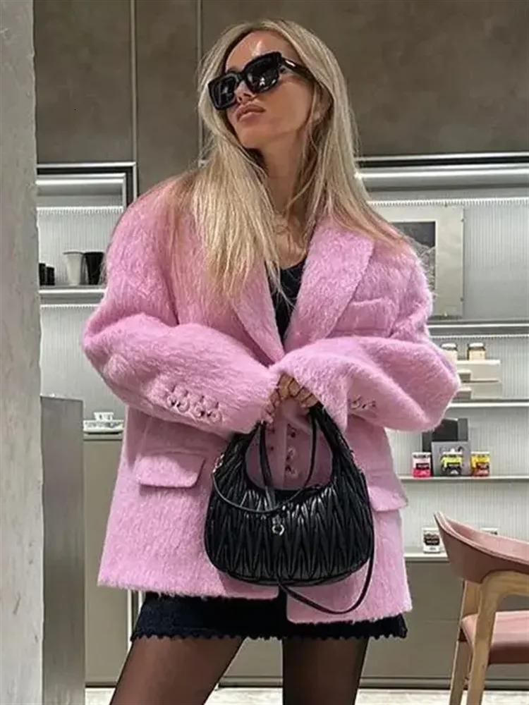 Fashion Lapel Woolen Plush Long Sleeve Coats Stylish Fur Blazer Solid Jacket For Women New Casual Office Ladies Pockets Outwear F7.1#96