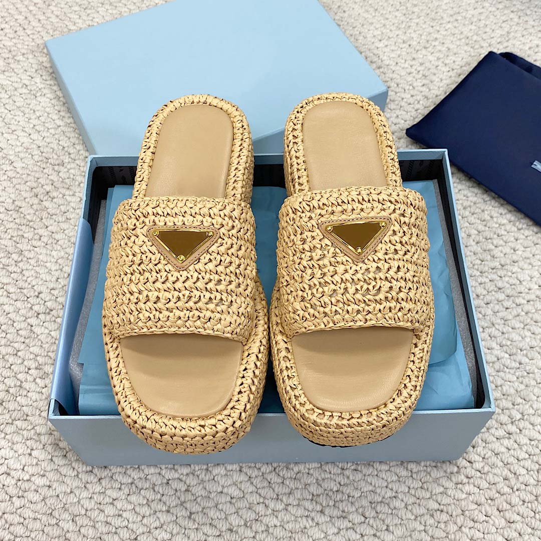 top quality Slippers luxury Designer Casual shoe sandals women men triangle Sliders fashion sandal Raffias Straw weave platform shoes Slide beach pool flat Slipper