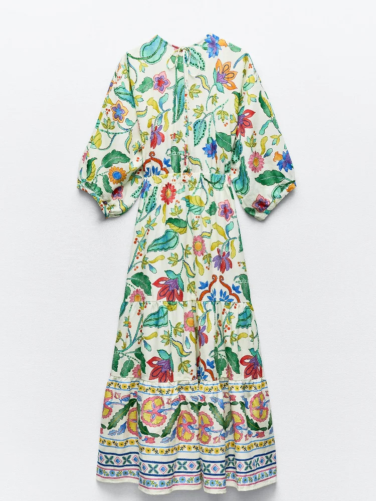 Flower Print Summer Womens Dress Elegant Long Sleeves Vneck Hollow Out Vacation 2024 Female Clothes Sundress 240627