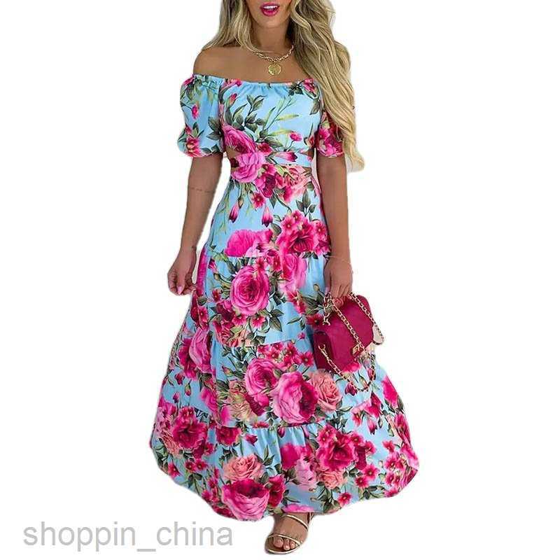Basic Casual Dresses for Woman Women's New One Shoulder Printed Skirt Style Commuter High Waist Dress