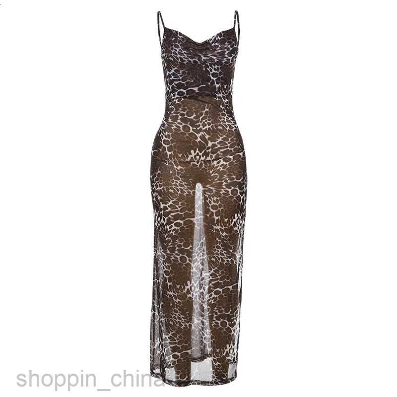 Basic Casual Dresses Women Summer New Women's Sexy Open Back Stacked Collar Side Split Leopard Pattern Mesh Sling Dress