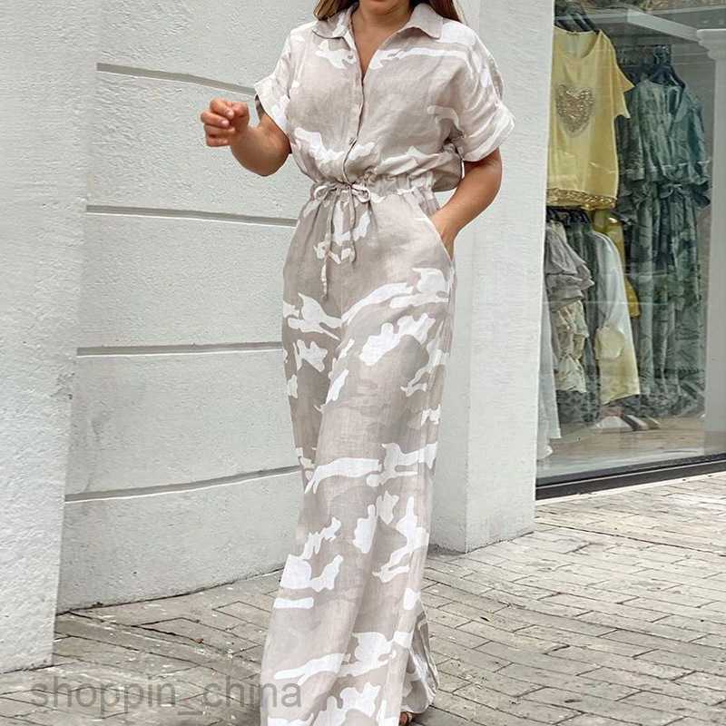 Women's Two Piece Sets Pants Summer New Women's Fashion Flip Collar Printed Button Lace Up jumpsuit