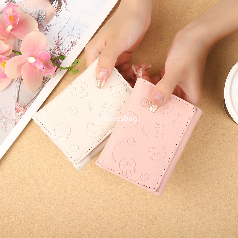 Elegant Women's Fashionable Cute PU Wallet Instagram Short Cartoon Print Solid Color Small Fresh Card Bag Simple and Multi functional Three fold 