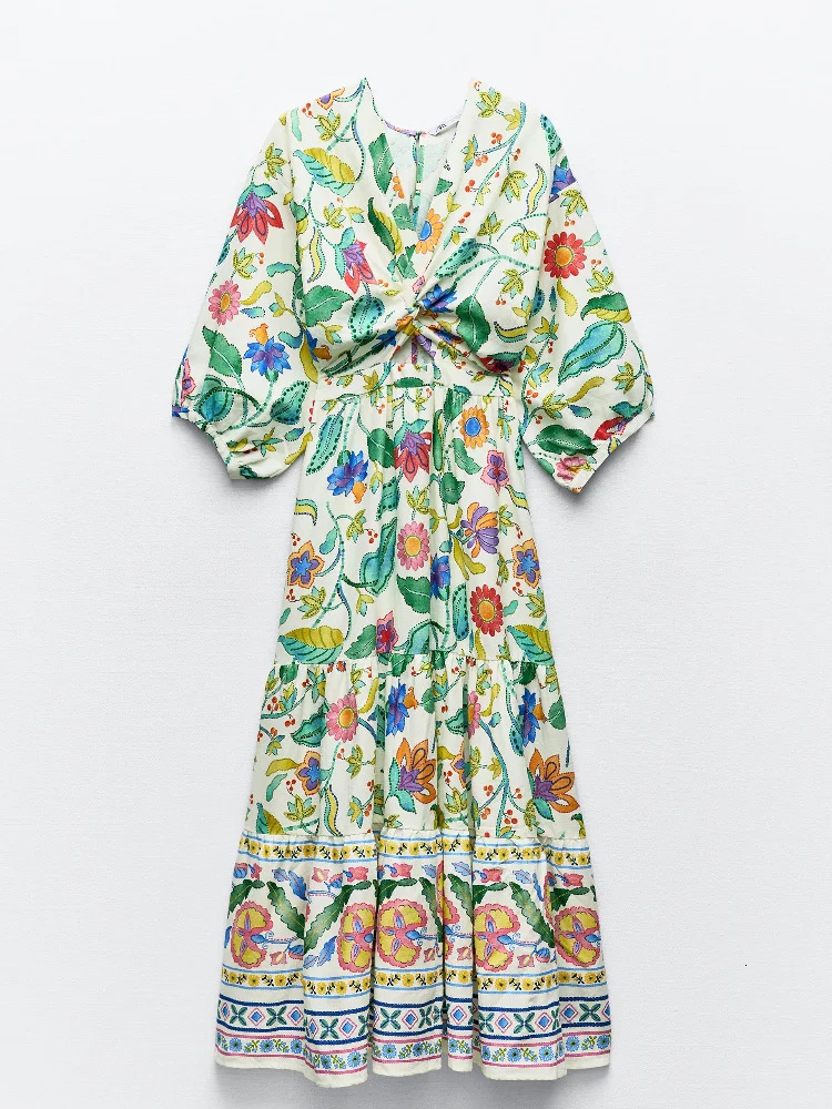 Flower Print Summer Womens Dress Elegant Long Sleeves Vneck Hollow Out Vacation 2024 Female Clothes Sundress 240627